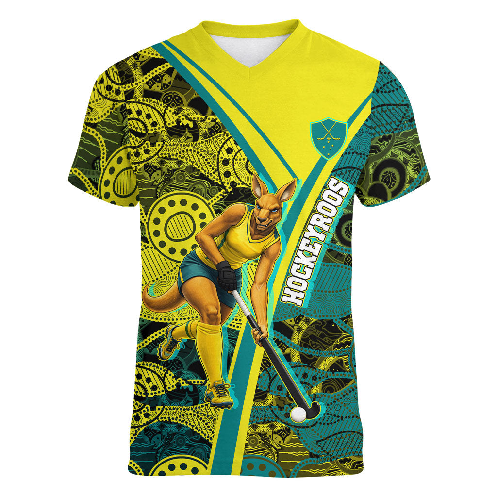 Custom Hockeyroos Kangaroo Field Hockey Women V-Neck T-Shirt Aboriginal Pattern Green Gold Dynamic Athlete Design