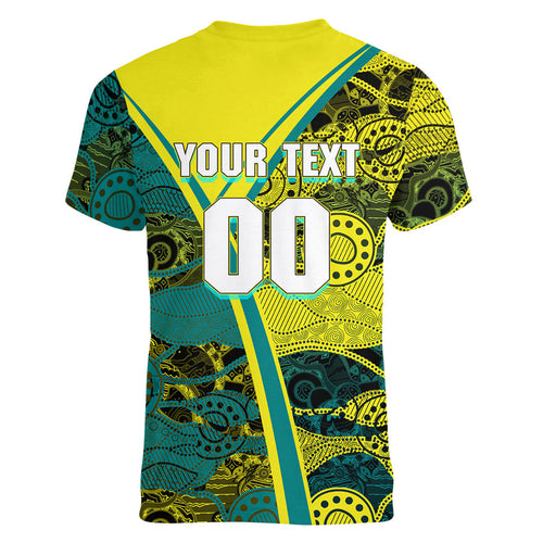 Custom Hockeyroos Kangaroo Field Hockey Women V-Neck T-Shirt Aboriginal Pattern Green Gold Dynamic Athlete Design
