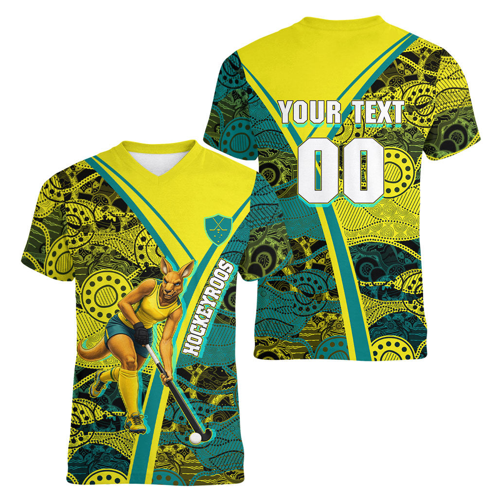 Custom Hockeyroos Kangaroo Field Hockey Women V-Neck T-Shirt Aboriginal Pattern Green Gold Dynamic Athlete Design