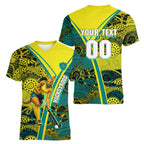Custom Hockeyroos Kangaroo Field Hockey Women V-Neck T-Shirt Aboriginal Pattern Green Gold Dynamic Athlete Design
