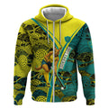 Custom Hockeyroos Kangaroo Field Hockey Zip Hoodie Aboriginal Pattern Green Gold Dynamic Athlete Design