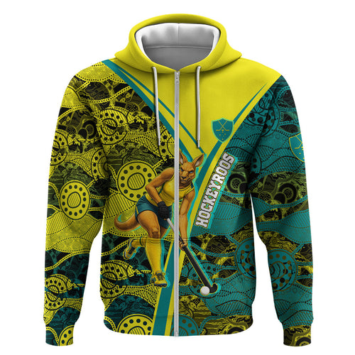 Custom Hockeyroos Kangaroo Field Hockey Zip Hoodie Aboriginal Pattern Green Gold Dynamic Athlete Design