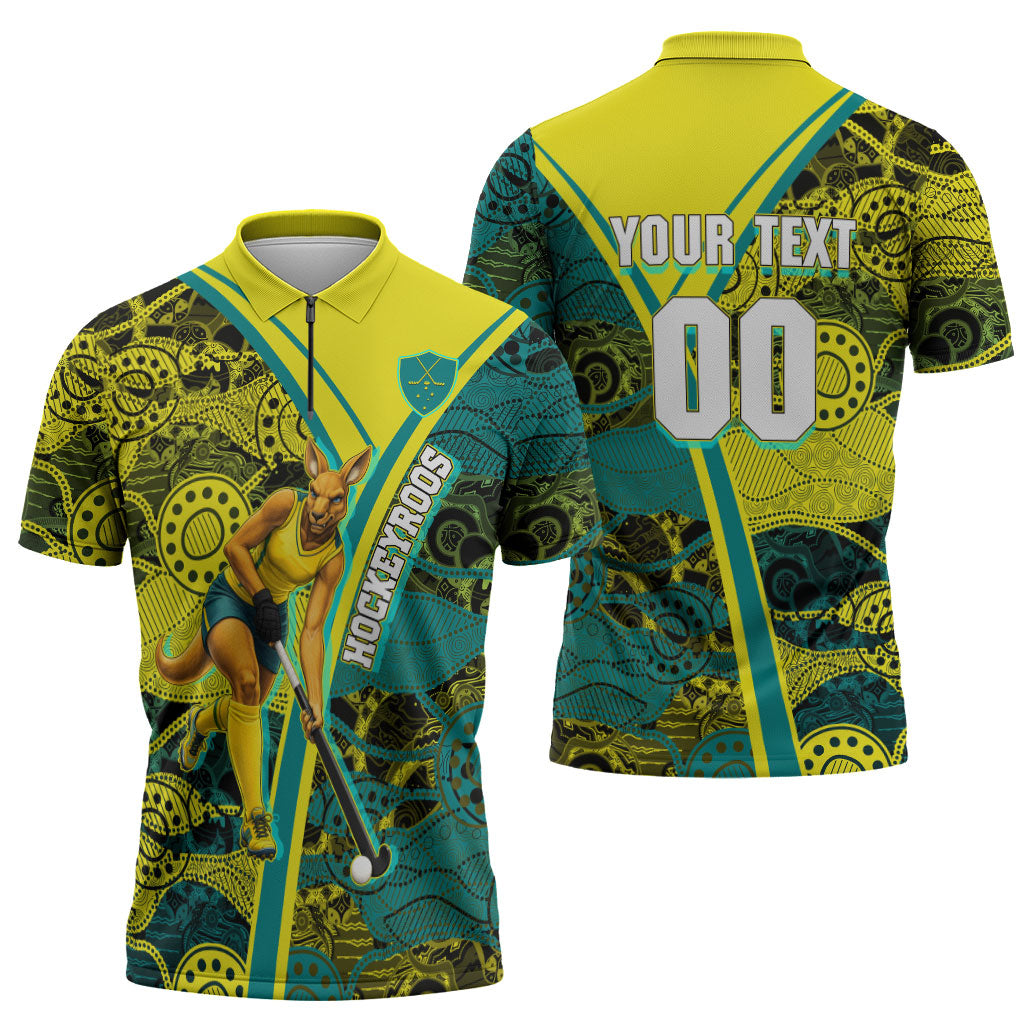 Custom Hockeyroos Kangaroo Field Hockey Zipper Polo Shirt Aboriginal Pattern Green Gold Dynamic Athlete Design