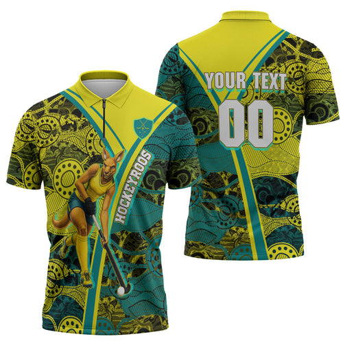 Custom Hockeyroos Kangaroo Field Hockey Zipper Polo Shirt Aboriginal Pattern Green Gold Dynamic Athlete Design
