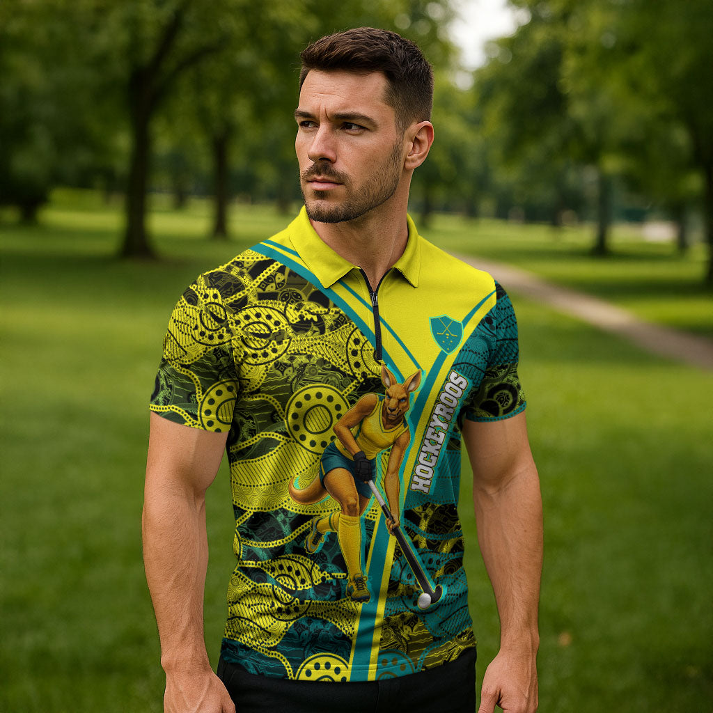 Custom Hockeyroos Kangaroo Field Hockey Zipper Polo Shirt Aboriginal Pattern Green Gold Dynamic Athlete Design