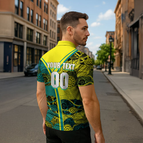 Custom Hockeyroos Kangaroo Field Hockey Zipper Polo Shirt Aboriginal Pattern Green Gold Dynamic Athlete Design