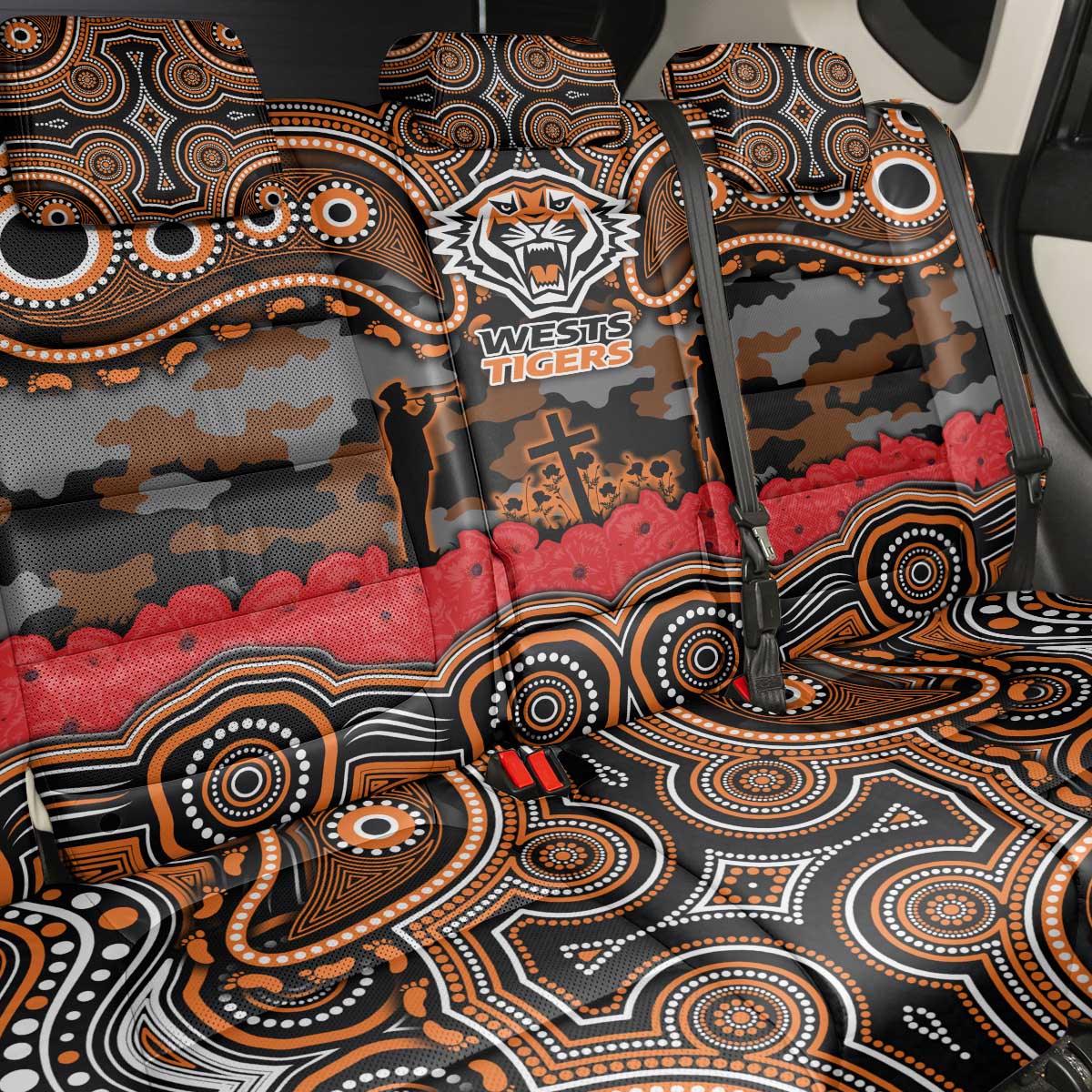 ANZAC Day Wests Tigers Back Car Seat Cover Military Memorial Aboriginal Indigenous Art