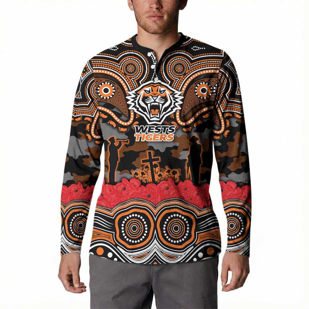 ANZAC Day Wests Tigers Button Sweatshirt Military Memorial Aboriginal Indigenous Art