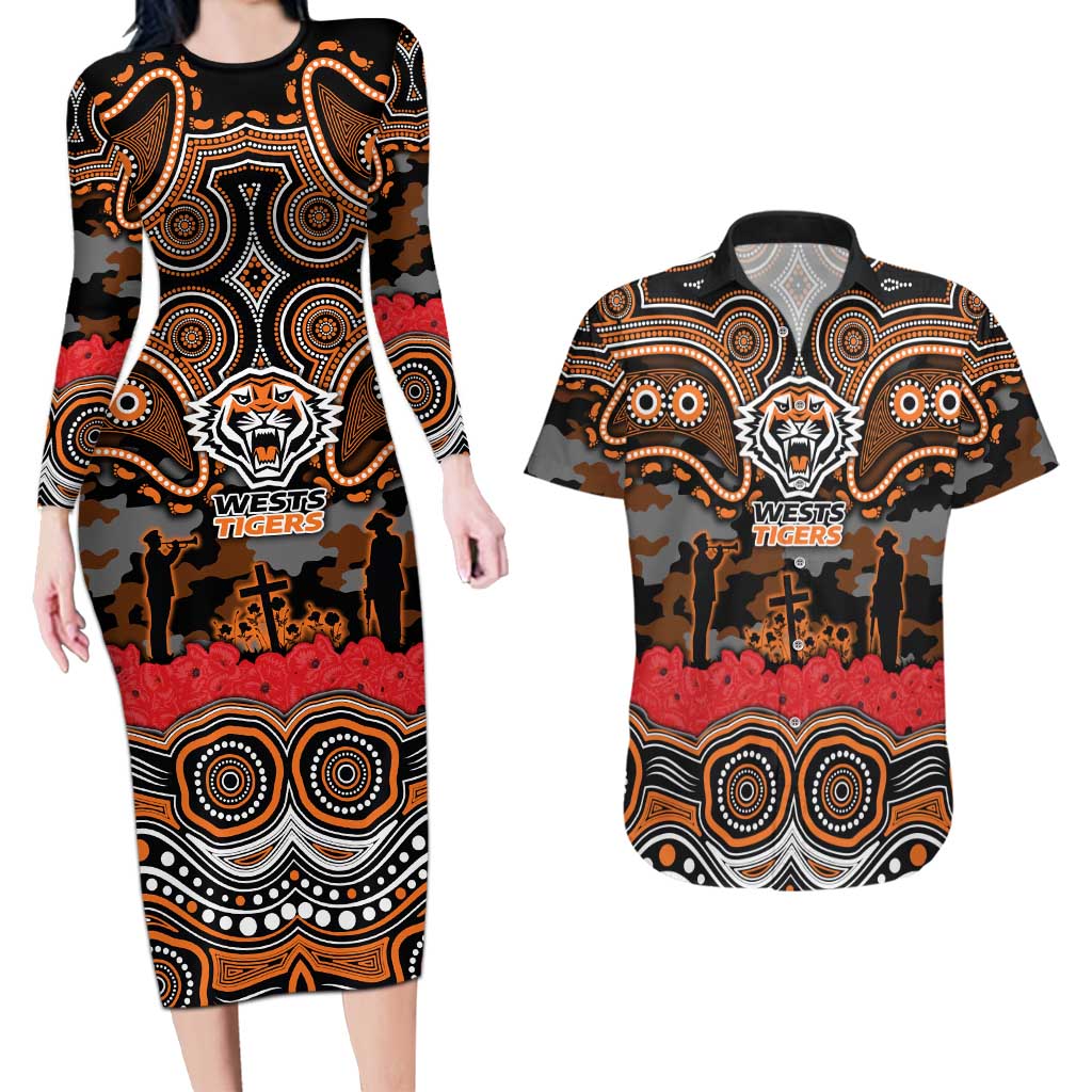 ANZAC Day Wests Tigers Couples Matching Long Sleeve Bodycon Dress and Hawaiian Shirt Military Memorial Aboriginal Indigenous Art