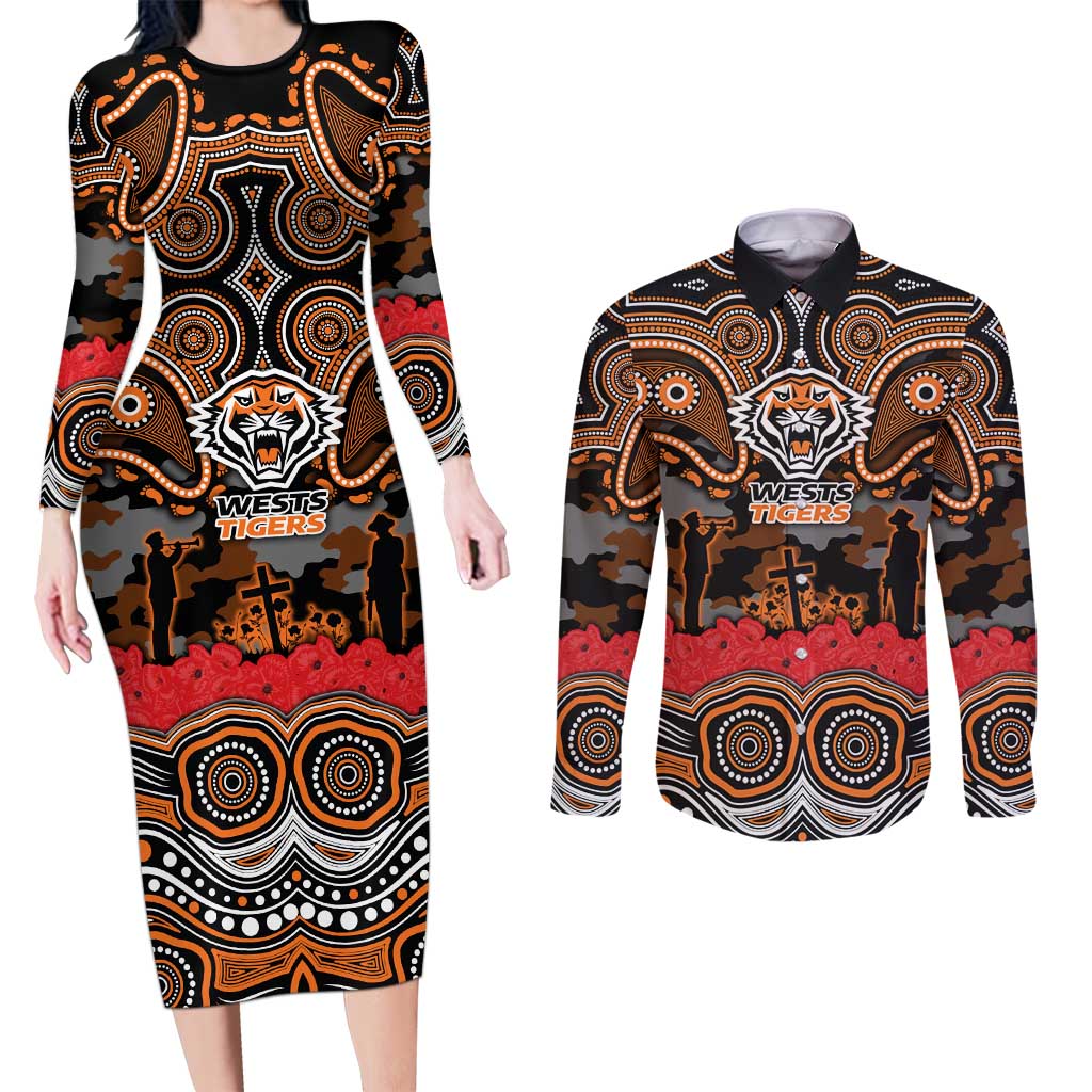 ANZAC Day Wests Tigers Couples Matching Long Sleeve Bodycon Dress and Long Sleeve Button Shirt Military Memorial Aboriginal Indigenous Art