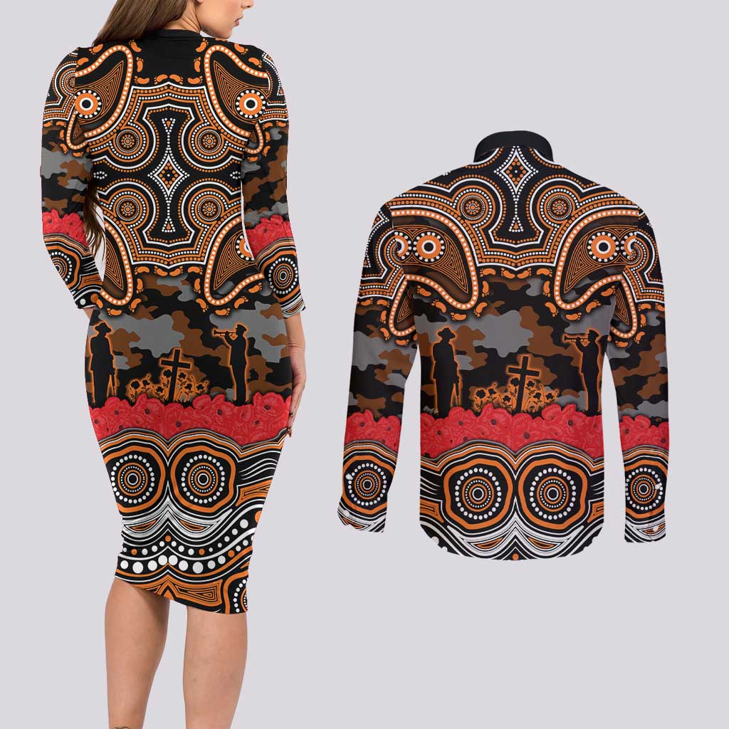 ANZAC Day Wests Tigers Couples Matching Long Sleeve Bodycon Dress and Long Sleeve Button Shirt Military Memorial Aboriginal Indigenous Art