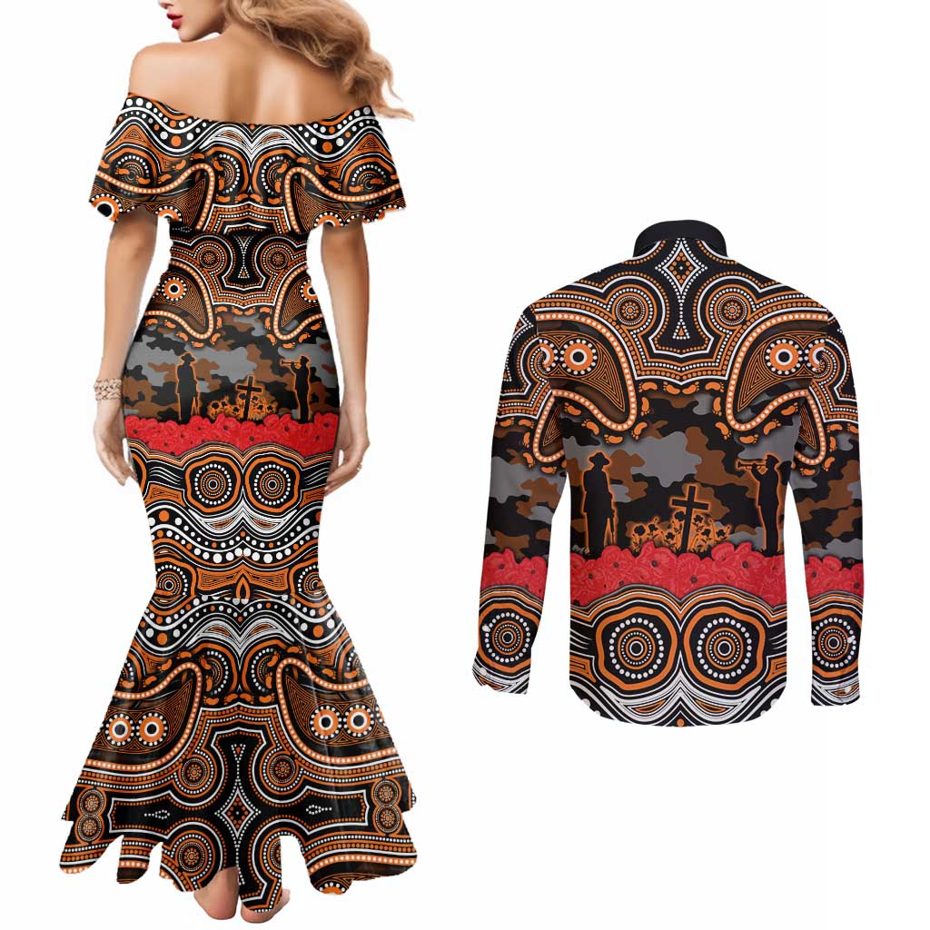 ANZAC Day Wests Tigers Couples Matching Mermaid Dress and Long Sleeve Button Shirt Military Memorial Aboriginal Indigenous Art