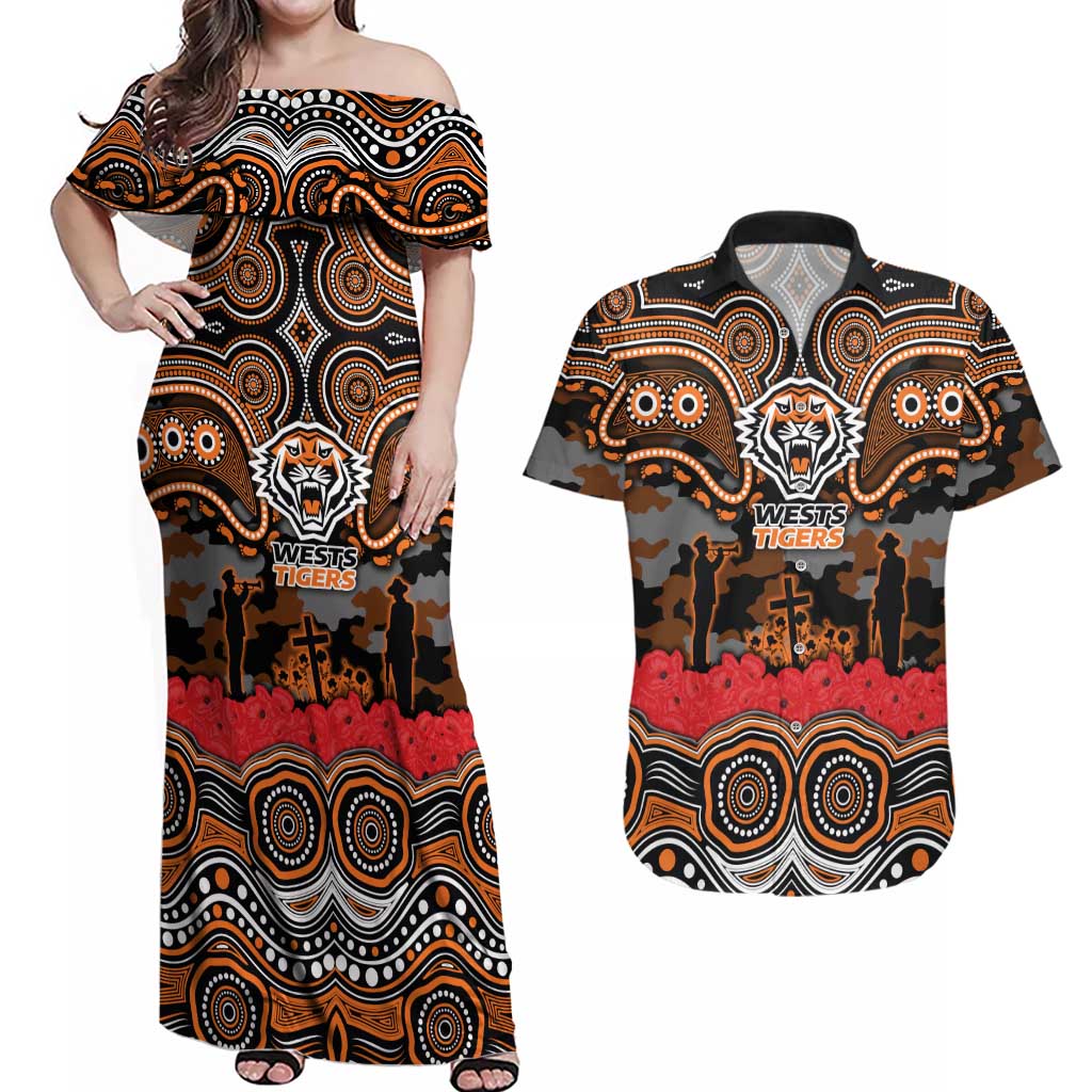 ANZAC Day Wests Tigers Couples Matching Off Shoulder Maxi Dress and Hawaiian Shirt Military Memorial Aboriginal Indigenous Art