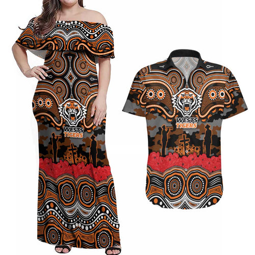 ANZAC Day Wests Tigers Couples Matching Off Shoulder Maxi Dress and Hawaiian Shirt Military Memorial Aboriginal Indigenous Art