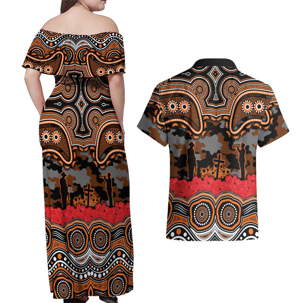 ANZAC Day Wests Tigers Couples Matching Off Shoulder Maxi Dress and Hawaiian Shirt Military Memorial Aboriginal Indigenous Art
