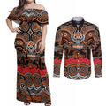 ANZAC Day Wests Tigers Couples Matching Off Shoulder Maxi Dress and Long Sleeve Button Shirt Military Memorial Aboriginal Indigenous Art