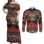 ANZAC Day Wests Tigers Couples Matching Off Shoulder Maxi Dress and Long Sleeve Button Shirt Military Memorial Aboriginal Indigenous Art
