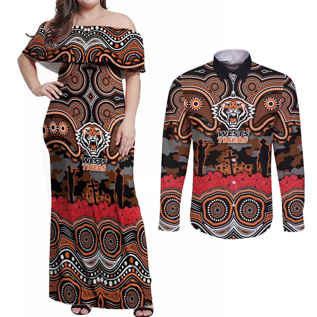 ANZAC Day Wests Tigers Couples Matching Off Shoulder Maxi Dress and Long Sleeve Button Shirt Military Memorial Aboriginal Indigenous Art