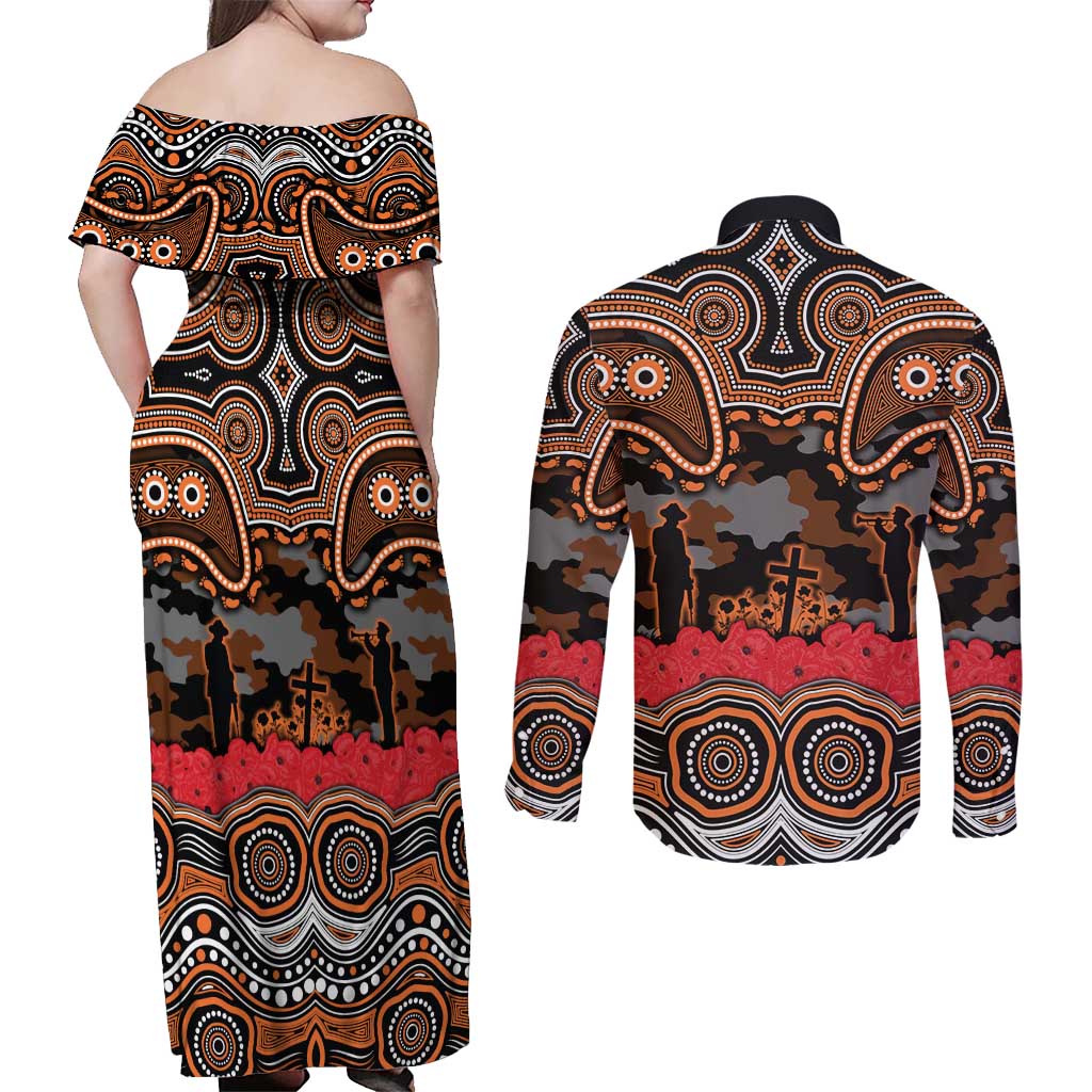 ANZAC Day Wests Tigers Couples Matching Off Shoulder Maxi Dress and Long Sleeve Button Shirt Military Memorial Aboriginal Indigenous Art