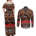 ANZAC Day Wests Tigers Couples Matching Off Shoulder Maxi Dress and Long Sleeve Button Shirt Military Memorial Aboriginal Indigenous Art