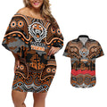 ANZAC Day Wests Tigers Couples Matching Off Shoulder Short Dress and Hawaiian Shirt Military Memorial Aboriginal Indigenous Art