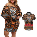 ANZAC Day Wests Tigers Couples Matching Off Shoulder Short Dress and Hawaiian Shirt Military Memorial Aboriginal Indigenous Art