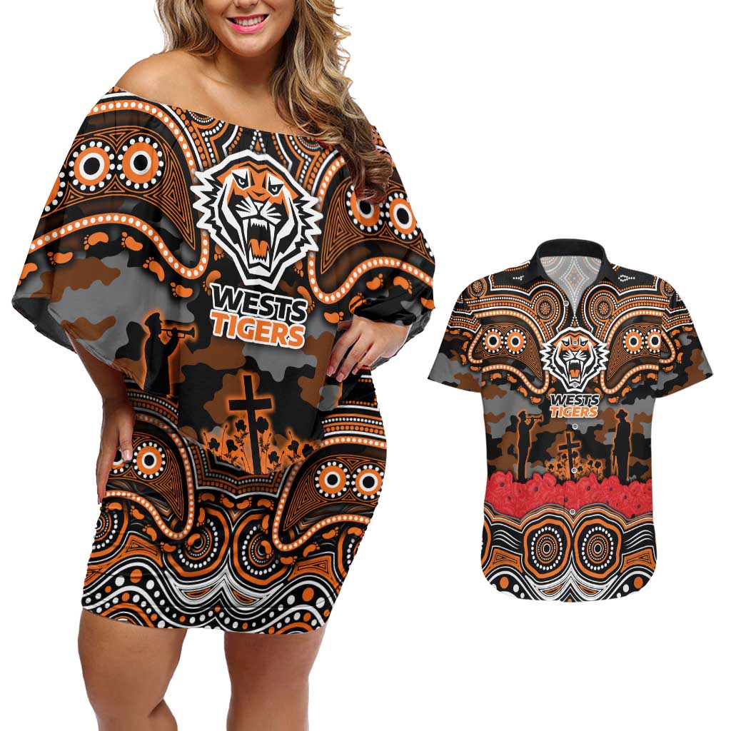 ANZAC Day Wests Tigers Couples Matching Off Shoulder Short Dress and Hawaiian Shirt Military Memorial Aboriginal Indigenous Art