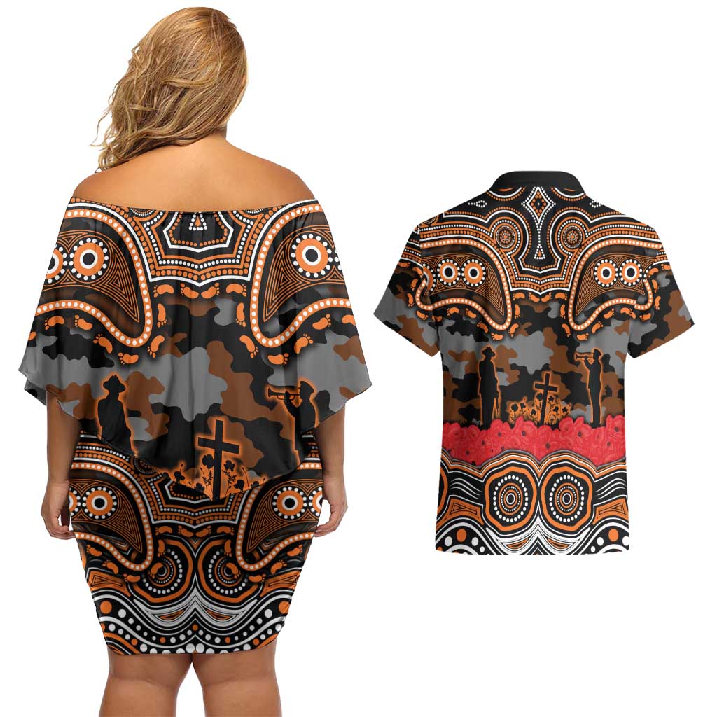 ANZAC Day Wests Tigers Couples Matching Off Shoulder Short Dress and Hawaiian Shirt Military Memorial Aboriginal Indigenous Art