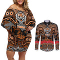 ANZAC Day Wests Tigers Couples Matching Off Shoulder Short Dress and Long Sleeve Button Shirt Military Memorial Aboriginal Indigenous Art
