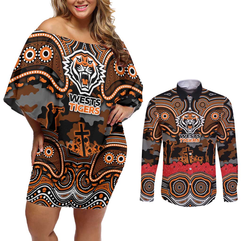 ANZAC Day Wests Tigers Couples Matching Off Shoulder Short Dress and Long Sleeve Button Shirt Military Memorial Aboriginal Indigenous Art
