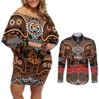 ANZAC Day Wests Tigers Couples Matching Off Shoulder Short Dress and Long Sleeve Button Shirt Military Memorial Aboriginal Indigenous Art