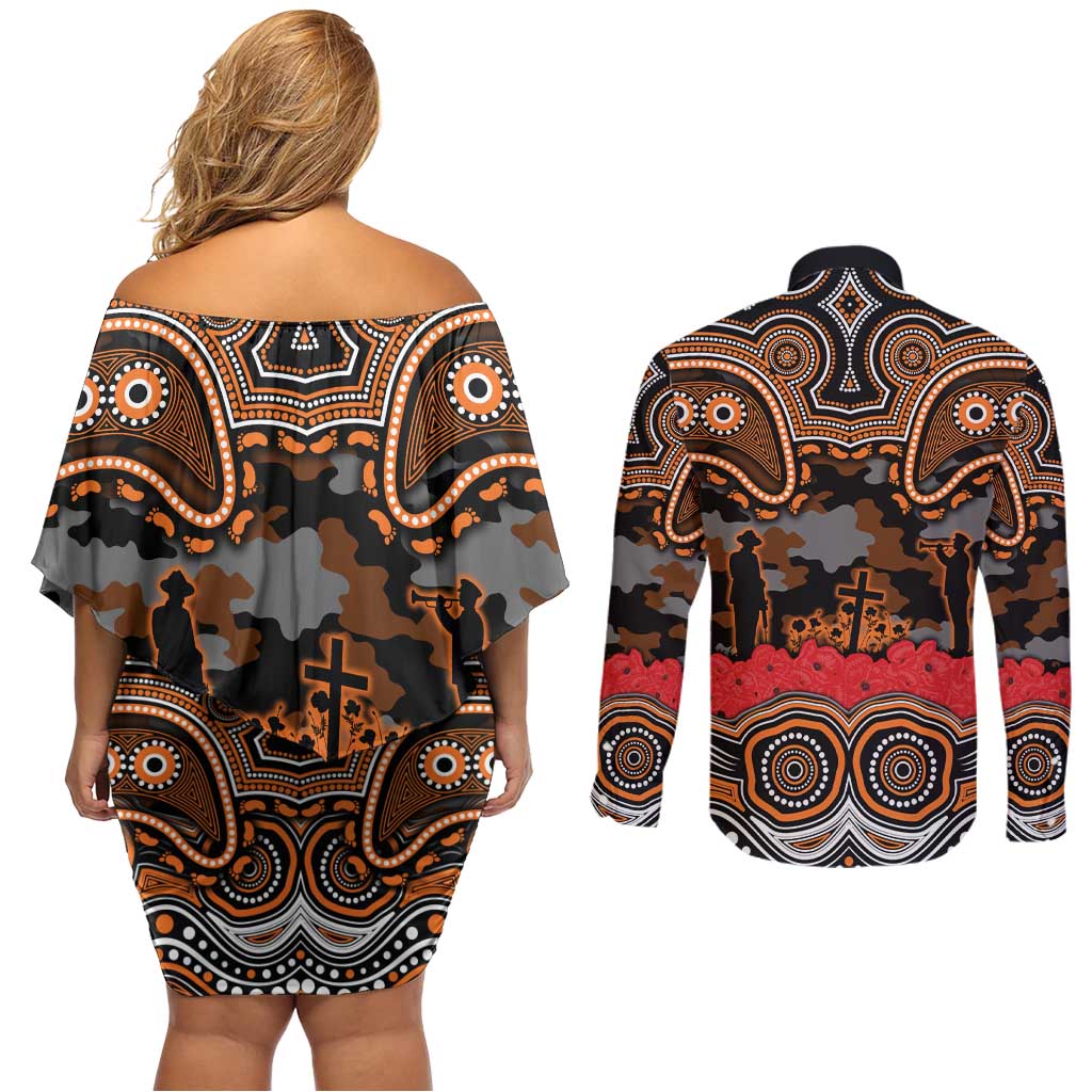 ANZAC Day Wests Tigers Couples Matching Off Shoulder Short Dress and Long Sleeve Button Shirt Military Memorial Aboriginal Indigenous Art