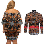 ANZAC Day Wests Tigers Couples Matching Off Shoulder Short Dress and Long Sleeve Button Shirt Military Memorial Aboriginal Indigenous Art