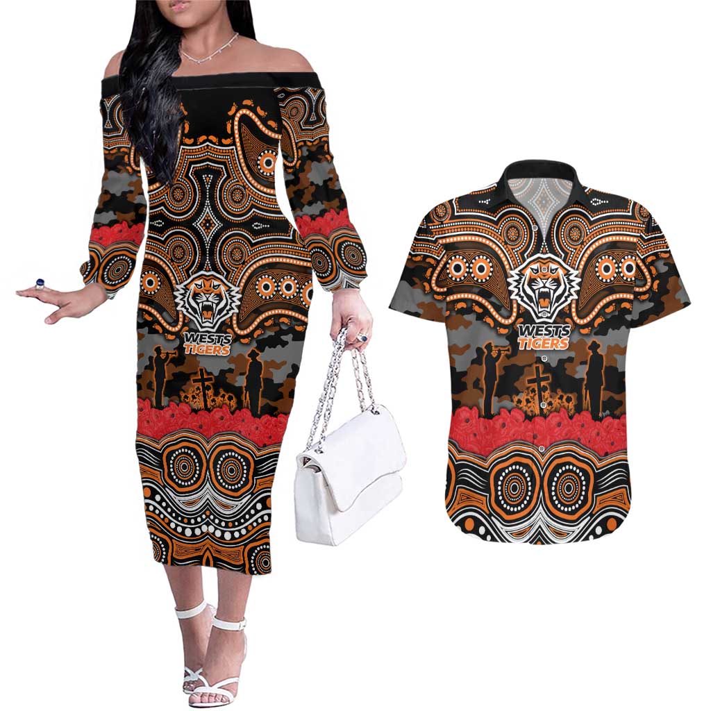 ANZAC Day Wests Tigers Couples Matching Off The Shoulder Long Sleeve Dress and Hawaiian Shirt Military Memorial Aboriginal Indigenous Art