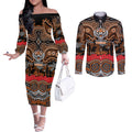 ANZAC Day Wests Tigers Couples Matching Off The Shoulder Long Sleeve Dress and Long Sleeve Button Shirt Military Memorial Aboriginal Indigenous Art