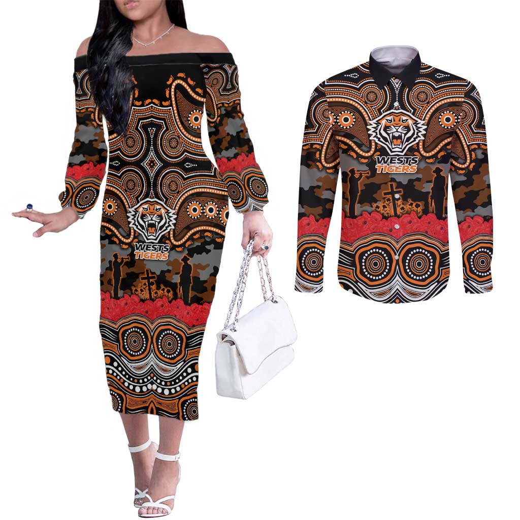 ANZAC Day Wests Tigers Couples Matching Off The Shoulder Long Sleeve Dress and Long Sleeve Button Shirt Military Memorial Aboriginal Indigenous Art
