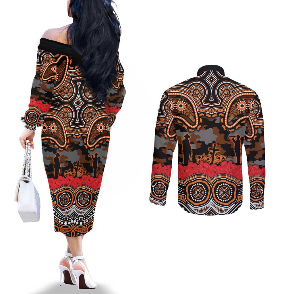 ANZAC Day Wests Tigers Couples Matching Off The Shoulder Long Sleeve Dress and Long Sleeve Button Shirt Military Memorial Aboriginal Indigenous Art