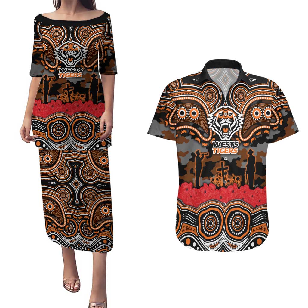 ANZAC Day Wests Tigers Couples Matching Puletasi and Hawaiian Shirt Military Memorial Aboriginal Indigenous Art