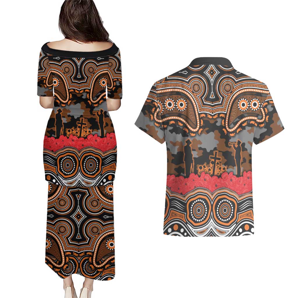 ANZAC Day Wests Tigers Couples Matching Puletasi and Hawaiian Shirt Military Memorial Aboriginal Indigenous Art