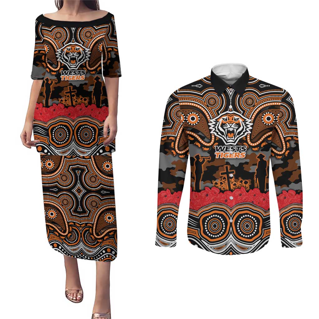 ANZAC Day Wests Tigers Couples Matching Puletasi and Long Sleeve Button Shirt Military Memorial Aboriginal Indigenous Art