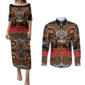 ANZAC Day Wests Tigers Couples Matching Puletasi and Long Sleeve Button Shirt Military Memorial Aboriginal Indigenous Art