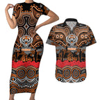 ANZAC Day Wests Tigers Couples Matching Short Sleeve Bodycon Dress and Hawaiian Shirt Military Memorial Aboriginal Indigenous Art