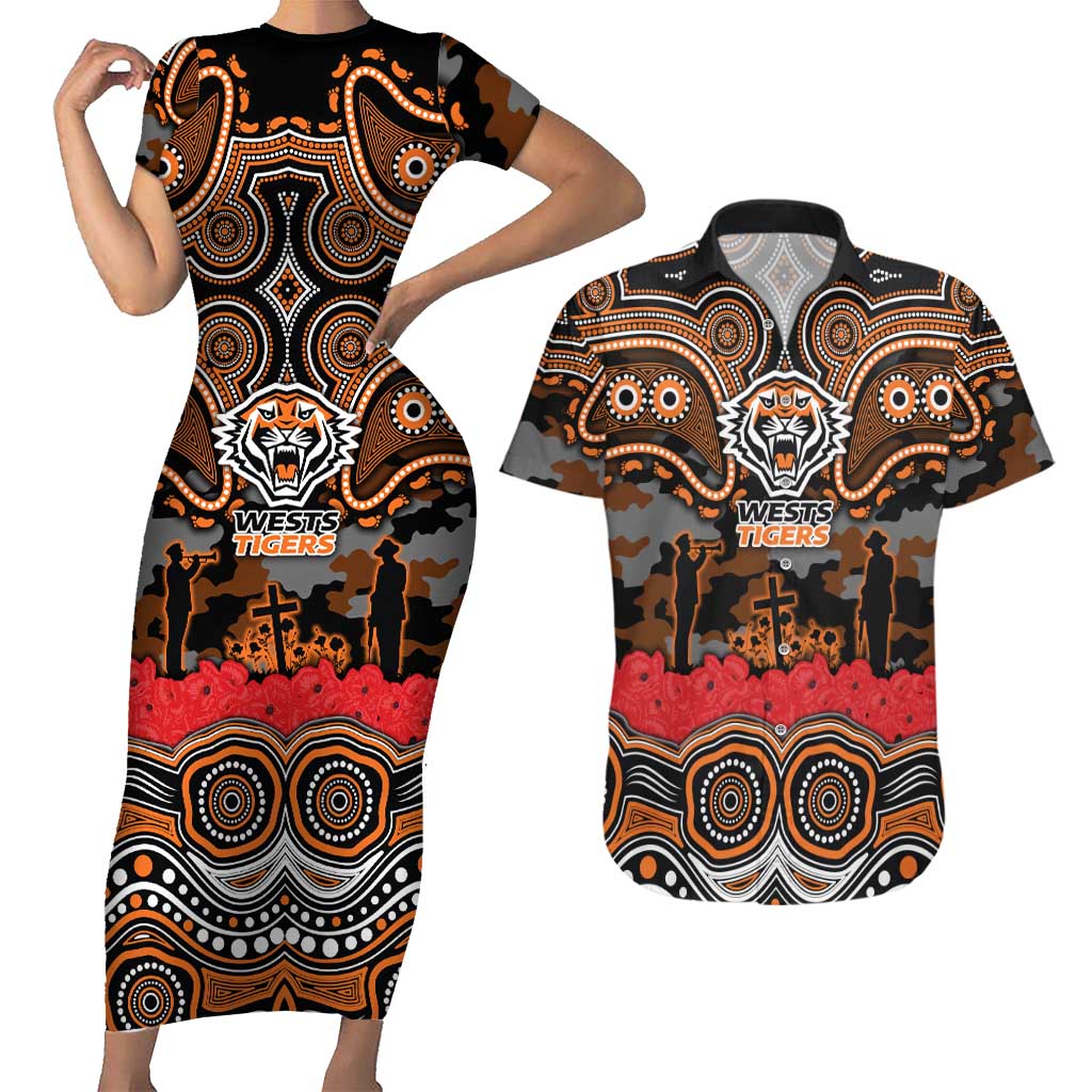 ANZAC Day Wests Tigers Couples Matching Short Sleeve Bodycon Dress and Hawaiian Shirt Military Memorial Aboriginal Indigenous Art