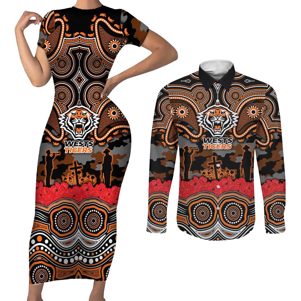 ANZAC Day Wests Tigers Couples Matching Short Sleeve Bodycon Dress and Long Sleeve Button Shirt Military Memorial Aboriginal Indigenous Art