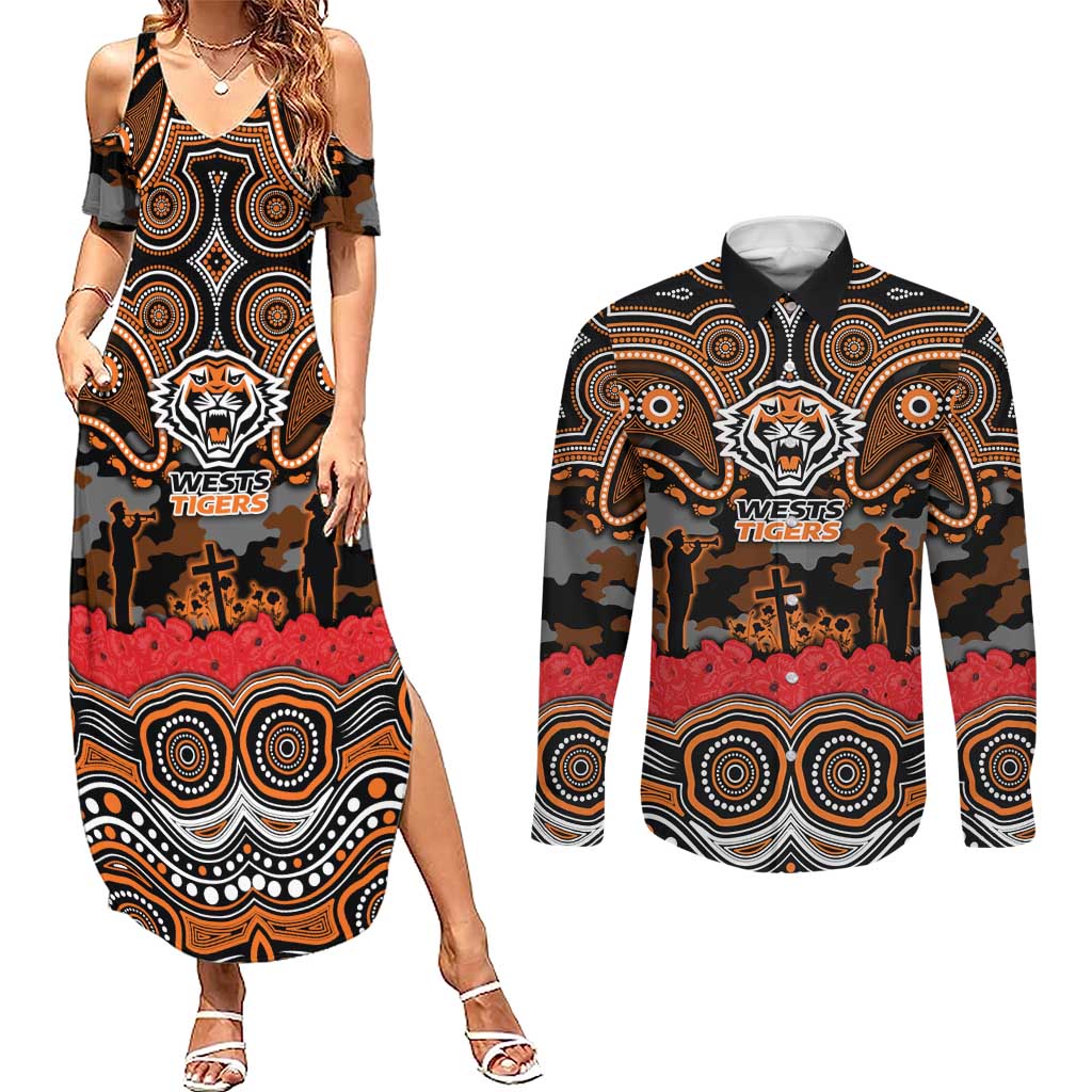 ANZAC Day Wests Tigers Couples Matching Summer Maxi Dress and Long Sleeve Button Shirt Military Memorial Aboriginal Indigenous Art