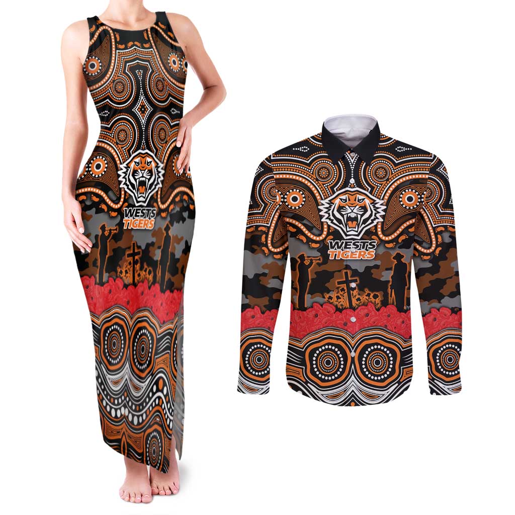 ANZAC Day Wests Tigers Couples Matching Tank Maxi Dress and Long Sleeve Button Shirt Military Memorial Aboriginal Indigenous Art