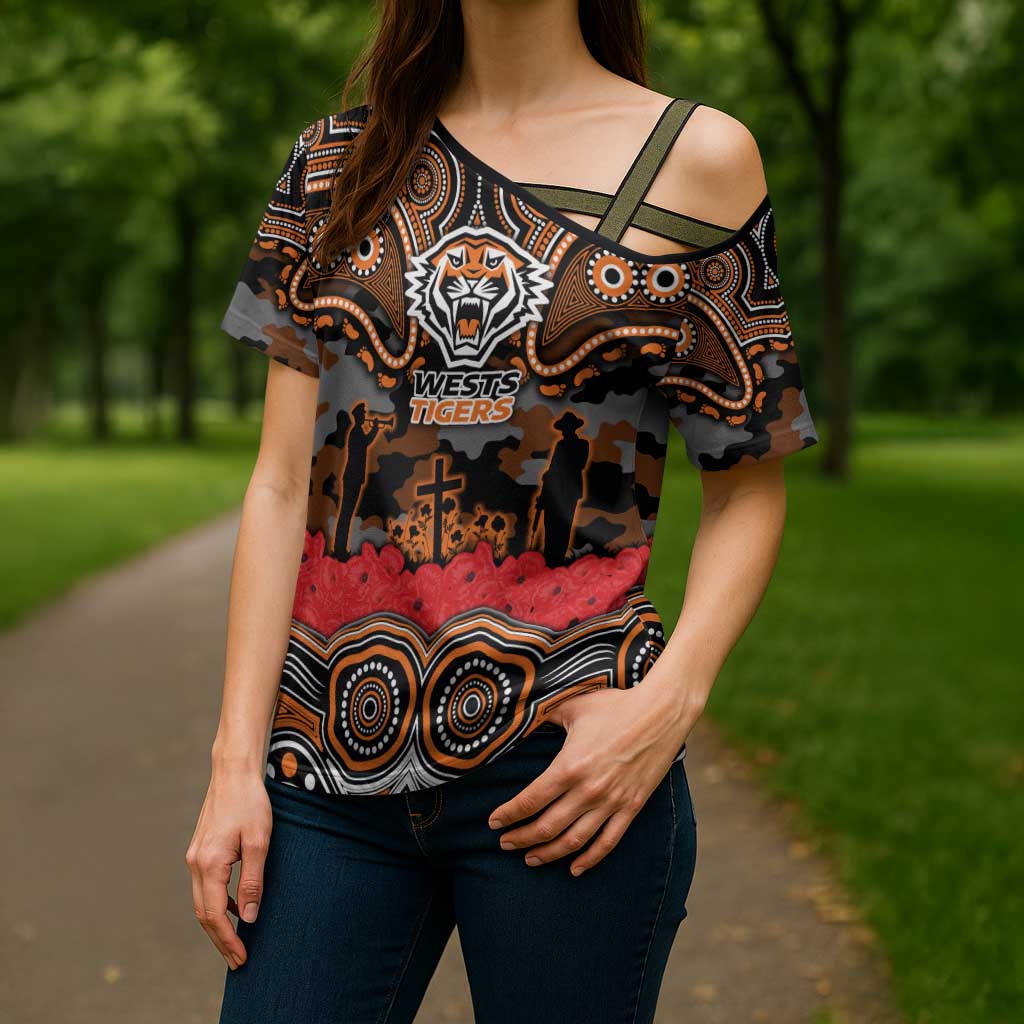 ANZAC Day Wests Tigers Cross Shoulder Shirt Military Memorial Aboriginal Indigenous Art