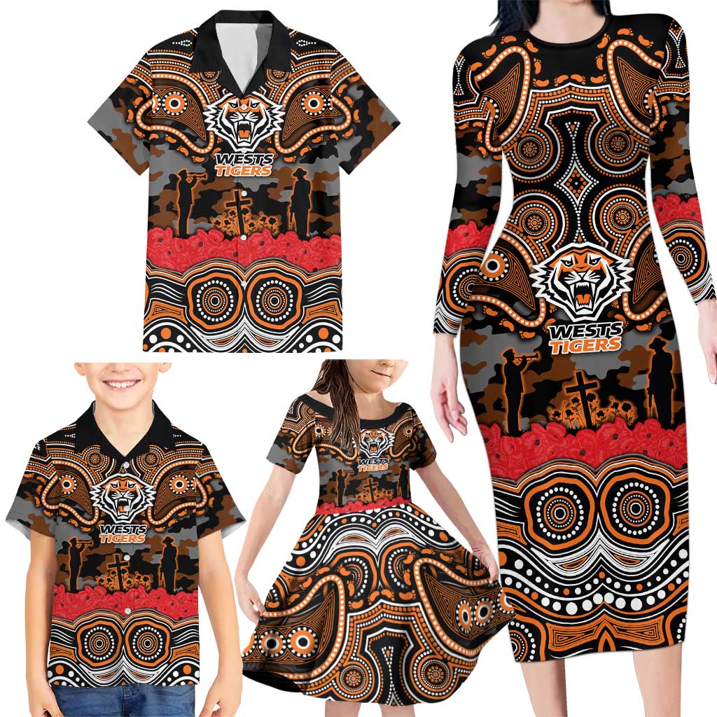 ANZAC Day Wests Tigers Family Matching Long Sleeve Bodycon Dress and Hawaiian Shirt Military Memorial Aboriginal Indigenous Art