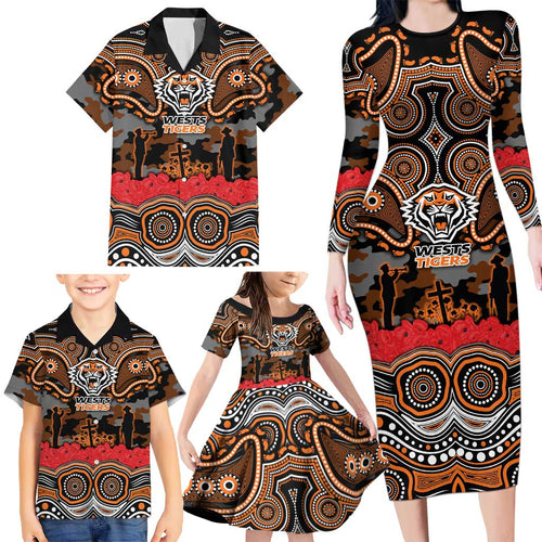 ANZAC Day Wests Tigers Family Matching Long Sleeve Bodycon Dress and Hawaiian Shirt Military Memorial Aboriginal Indigenous Art