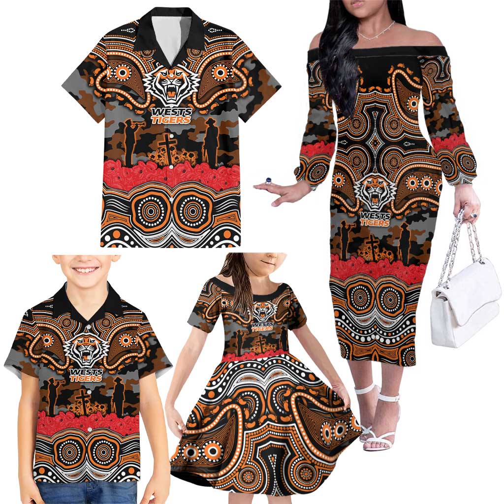 ANZAC Day Wests Tigers Family Matching Off The Shoulder Long Sleeve Dress and Hawaiian Shirt Military Memorial Aboriginal Indigenous Art